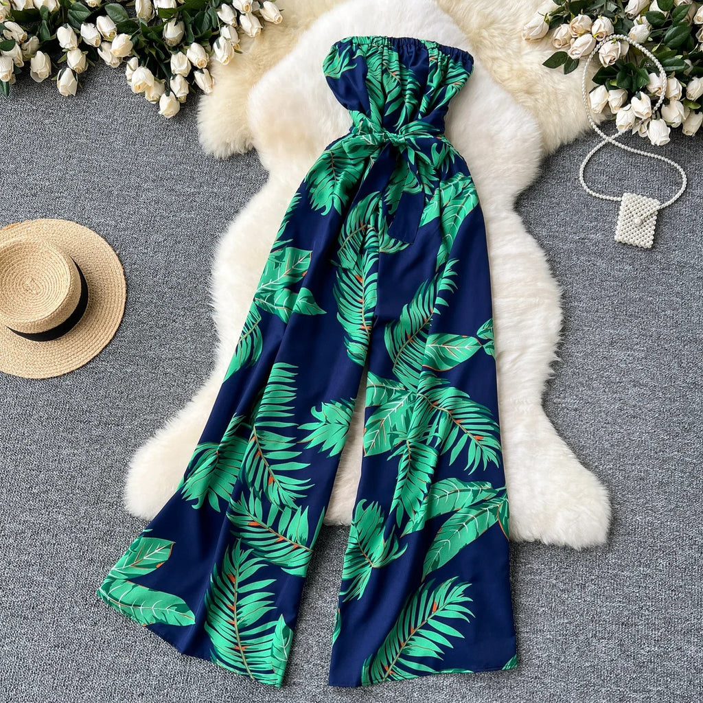 Women's Elegant Suspender Jumpsuit Sexy Printed Casual Hip Waist Overalls Romper