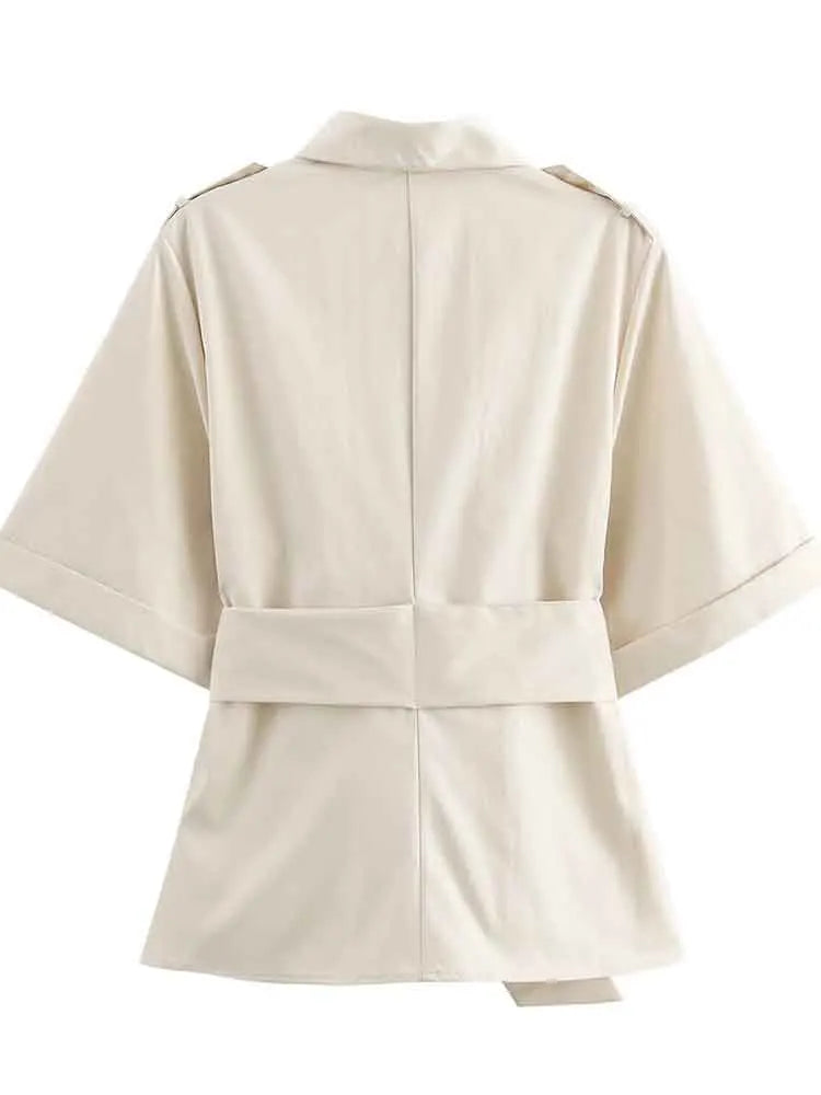 Versatile Women's Slim Fit Short Sleeve Lapel Shirt with Decorative Belt Strap and Curling Detail