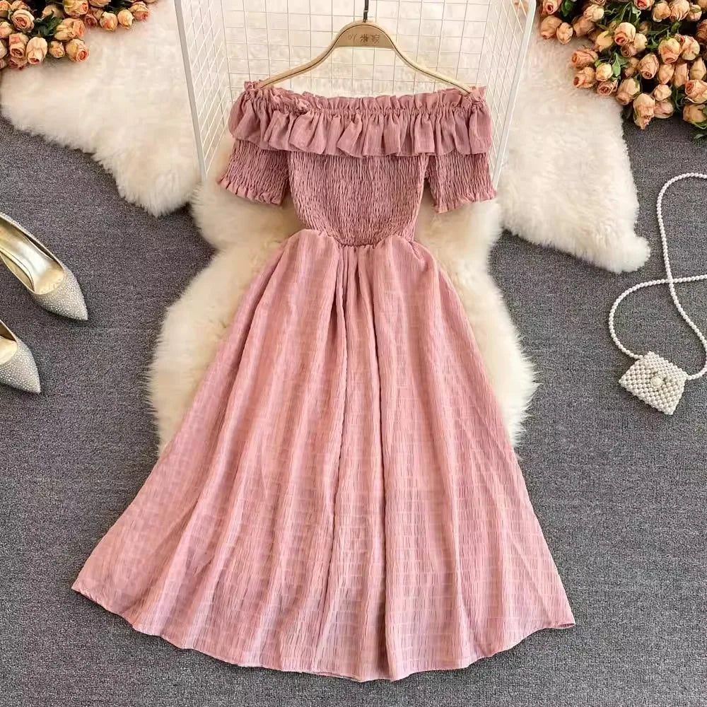 Ruffled Off Shoulder Dress Chiffon Beach Summer Fashion