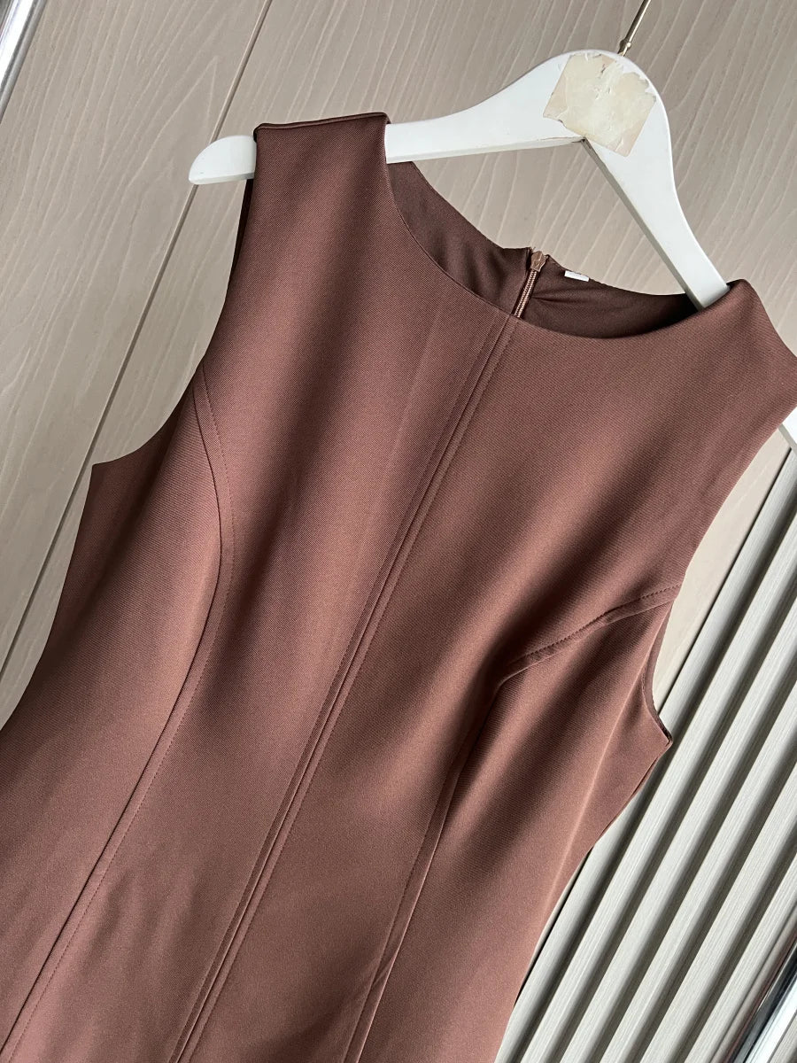 3D Cutout Mini Dress Pleated Skirt Brown Sleeveless