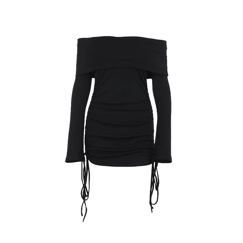 Black Lace Up Long Sleeve Knit Dress For Women Autumn