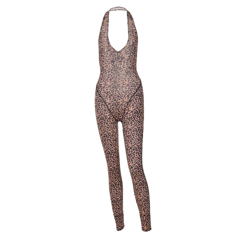 Leopard Print Halter Backless Slip Sexy Bodycon Jumpsuit Casual Streetwear Festival Romper for Women