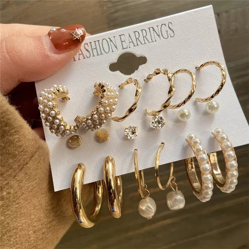 Fashion Geometric Hoop Earrings Set for Women Vintage Bohemian Pearl Gold Color Round Earrings Daily Wear Jewelry Gifts