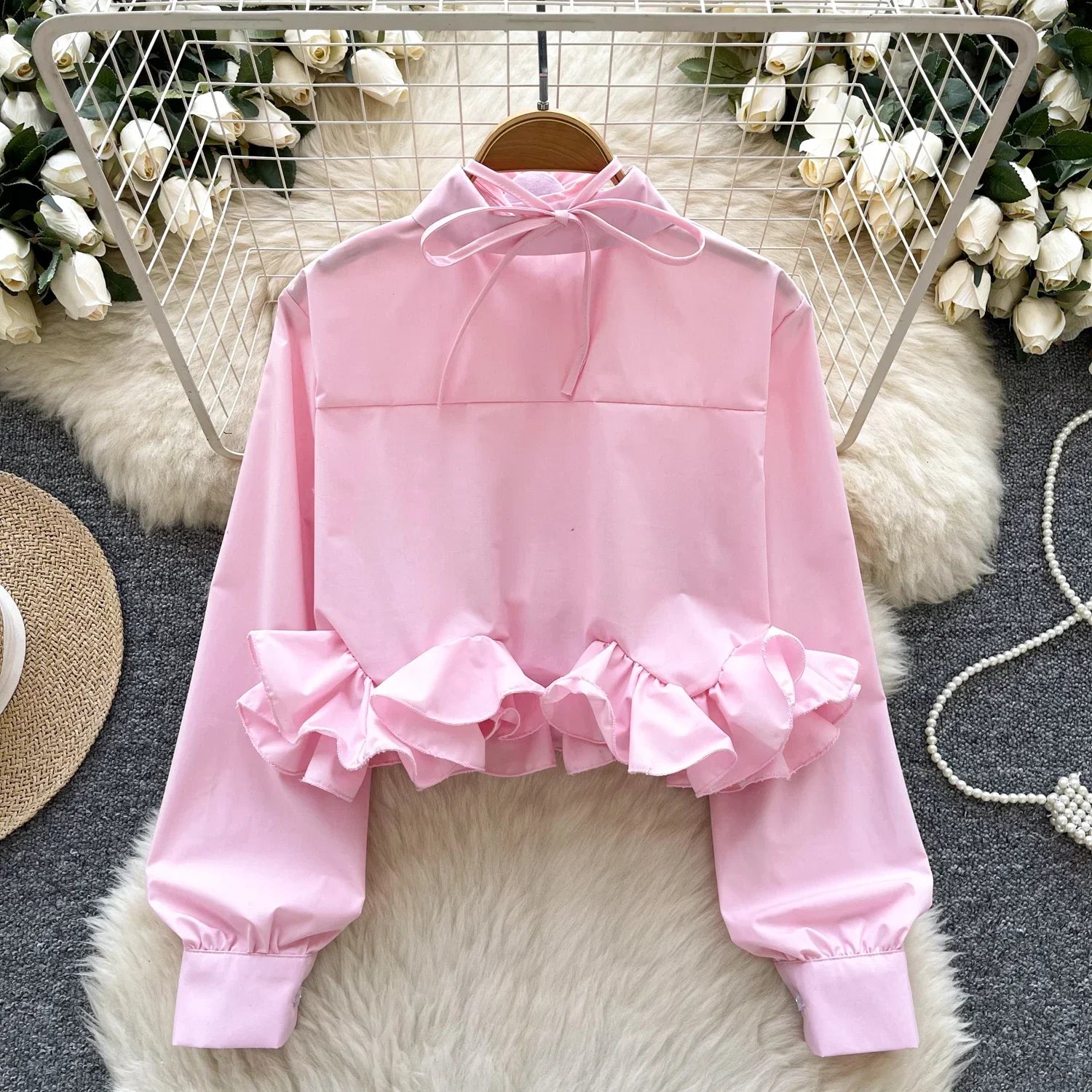 Women's 3D Floral Long Sleeve Blouse Single Breasted Turn-Down Collar Slim Fit Solid Color Shirt