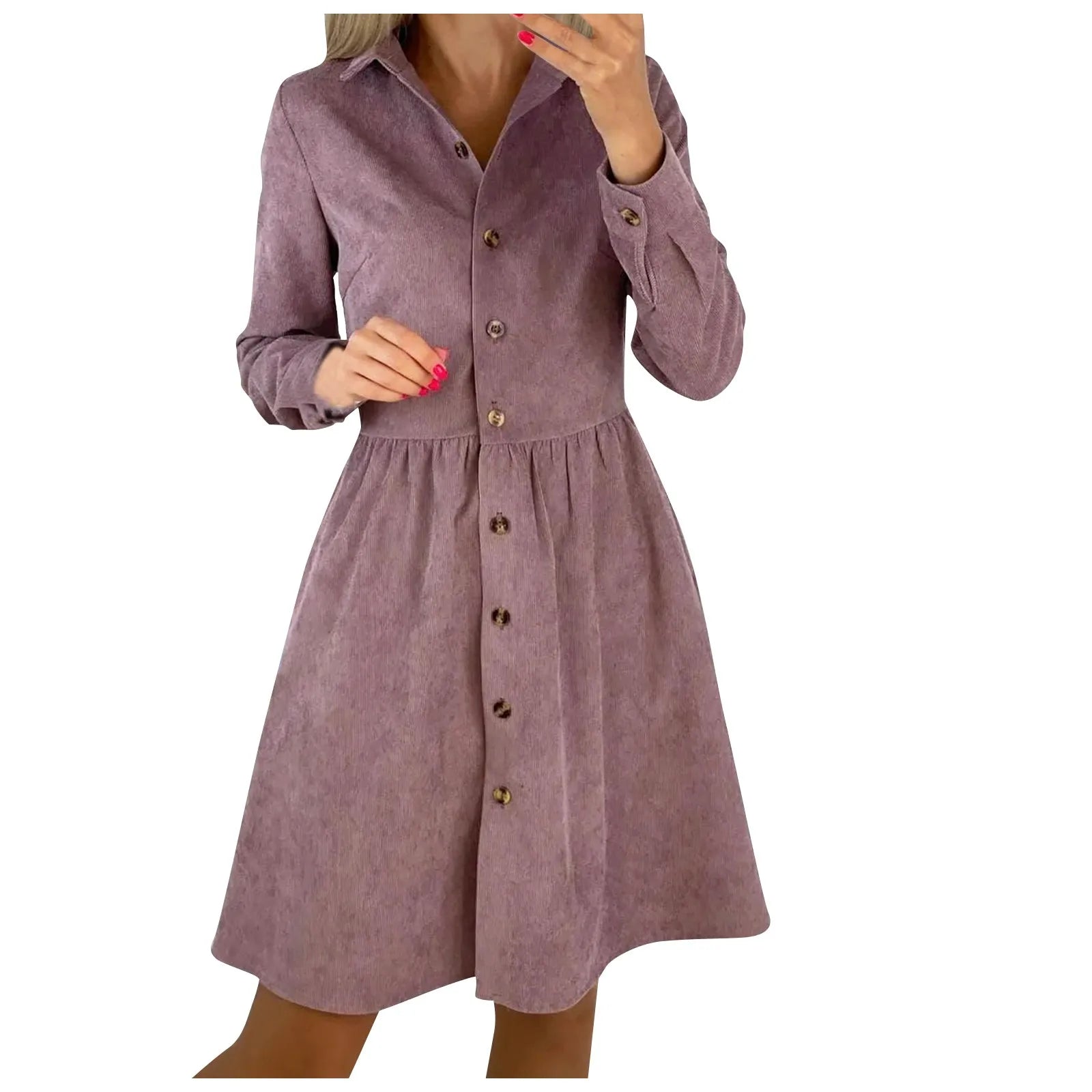 Corduroy Button Down Shirt Dress For Women Long Sleeves