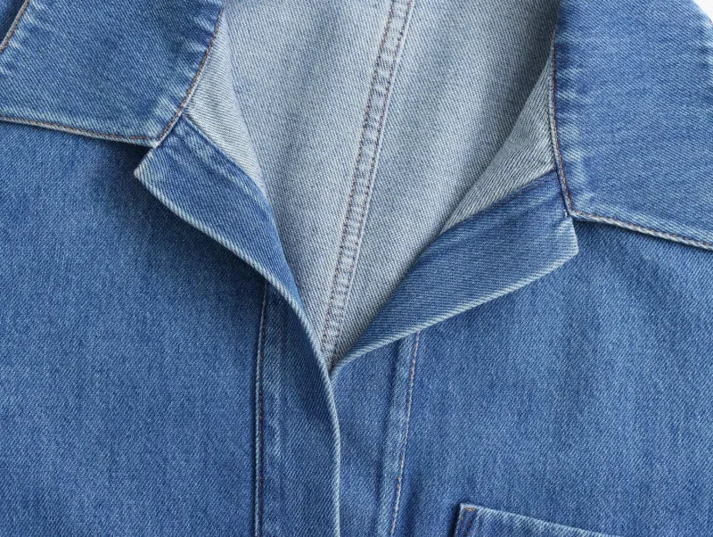 Casual Open Collar Pocket Denim Top and Loose Wide Leg Drawstring Waist Denim Pants Two Piece Set for Women