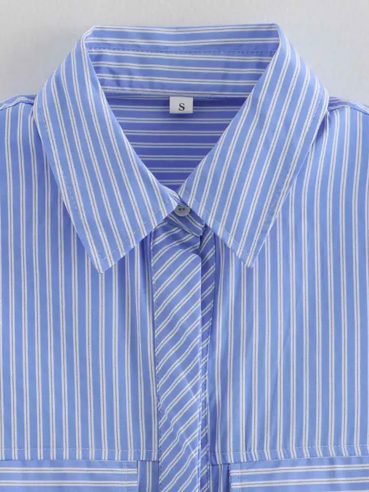 Women's Chic Striped Crop Shirt Long Sleeve Button-Up Blouse with Pockets Casual Fashion Top