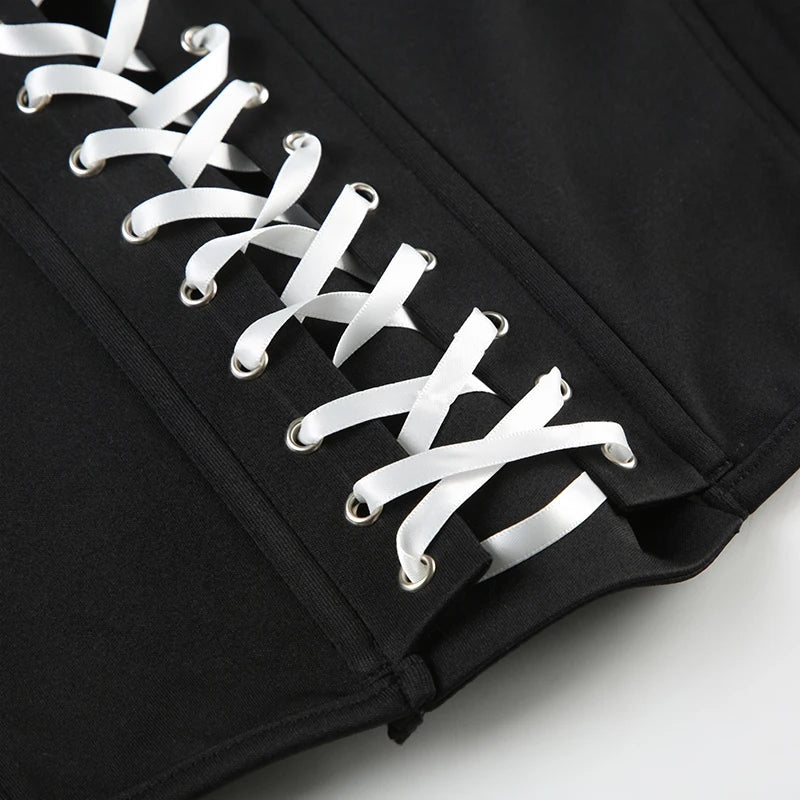 Slim Contrast Color Two-Piece Dress Set for Women Bandage Slash Neck Halter Top with Low-Waisted A-Line Skirt Elegant Sweet Casual Outfit