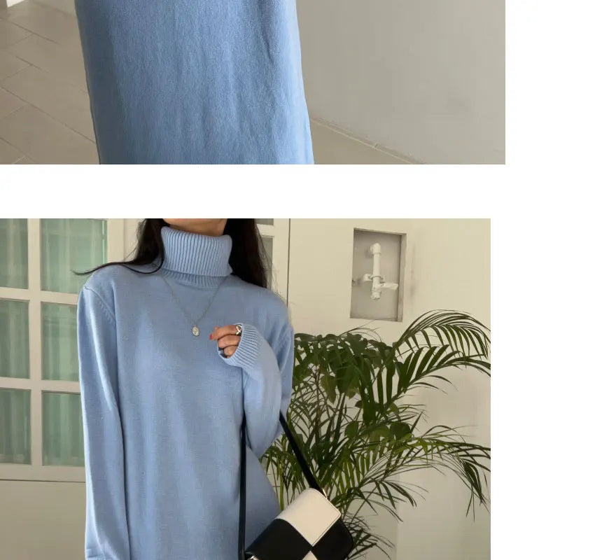 Cozy Turtleneck Sweater Dress For Women Knitted Long Sleeve