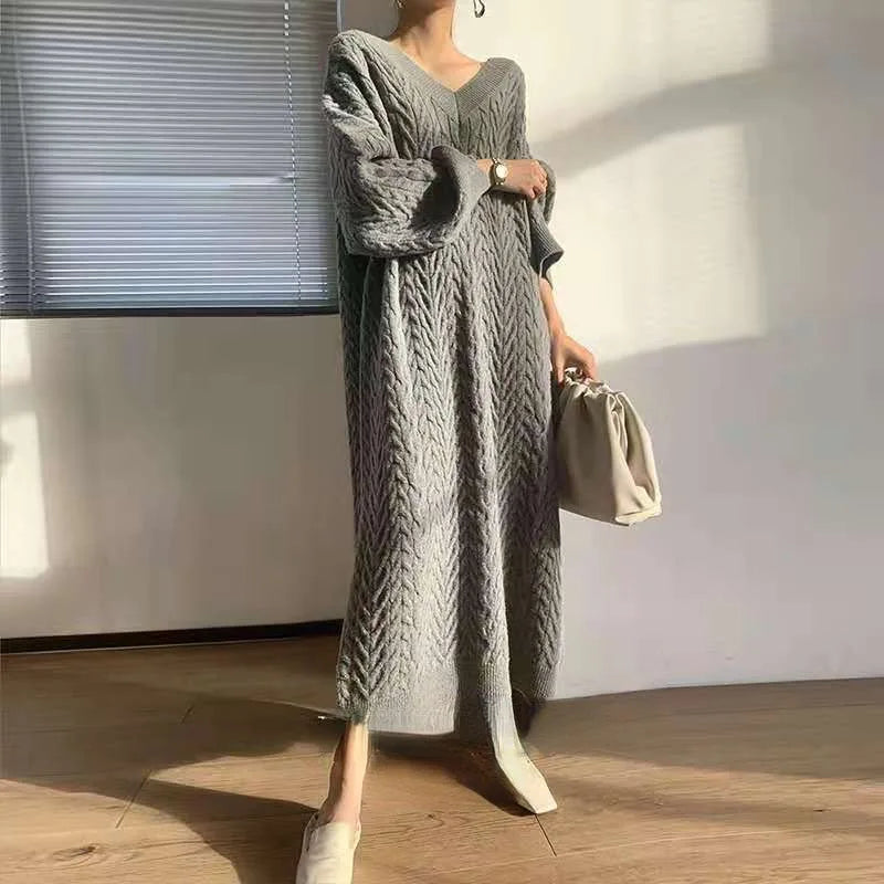 Autumn Knit Sweater Dress Long Sleeve V Neck Women