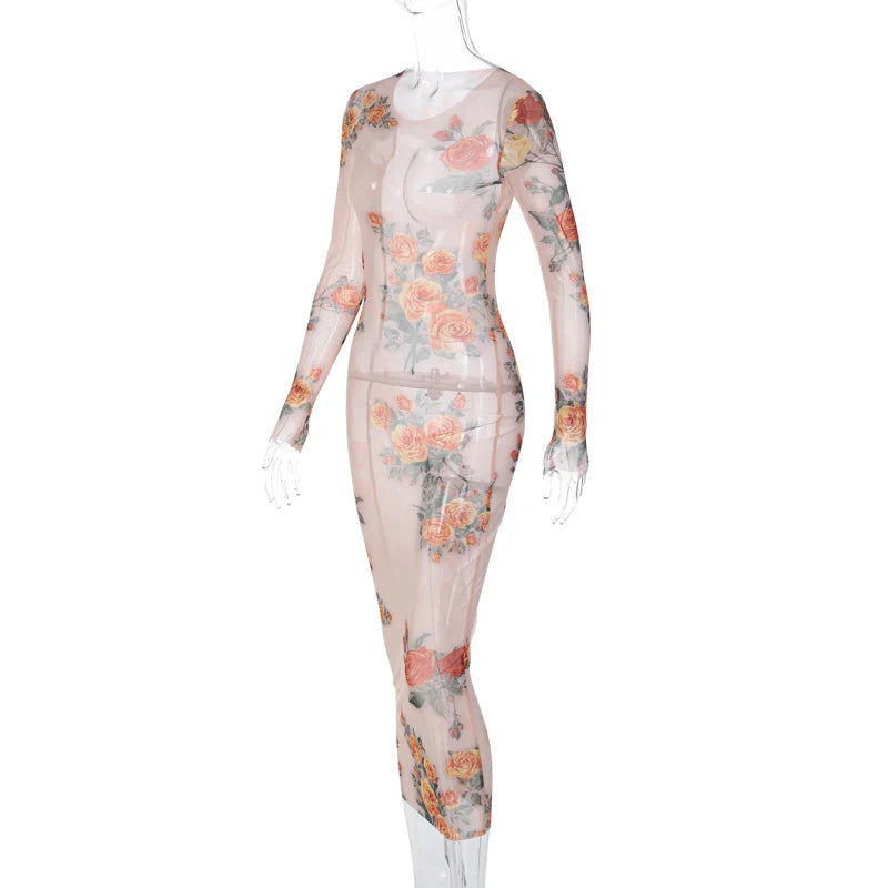 Sheer Mesh Floral Maxi Dress Long Sleeve Beachwear