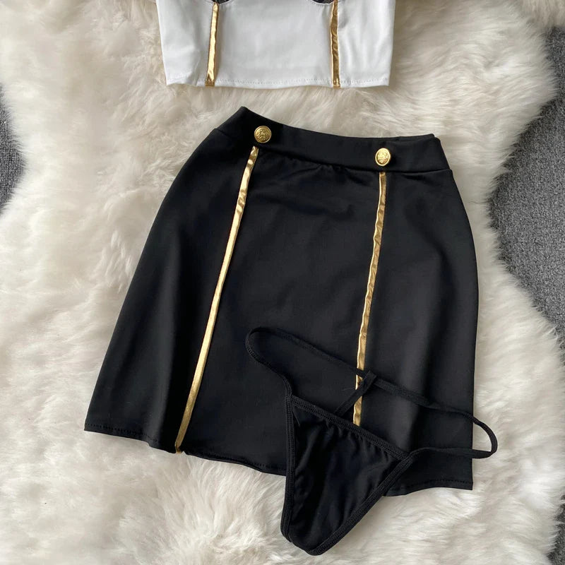 Women Sexy Lace Patchwork Hollow Skirt Suit Set with Turn-Down Collar Top Mini Skirt and Underpants 3-Piece Erotic Pajamas for Cosplay