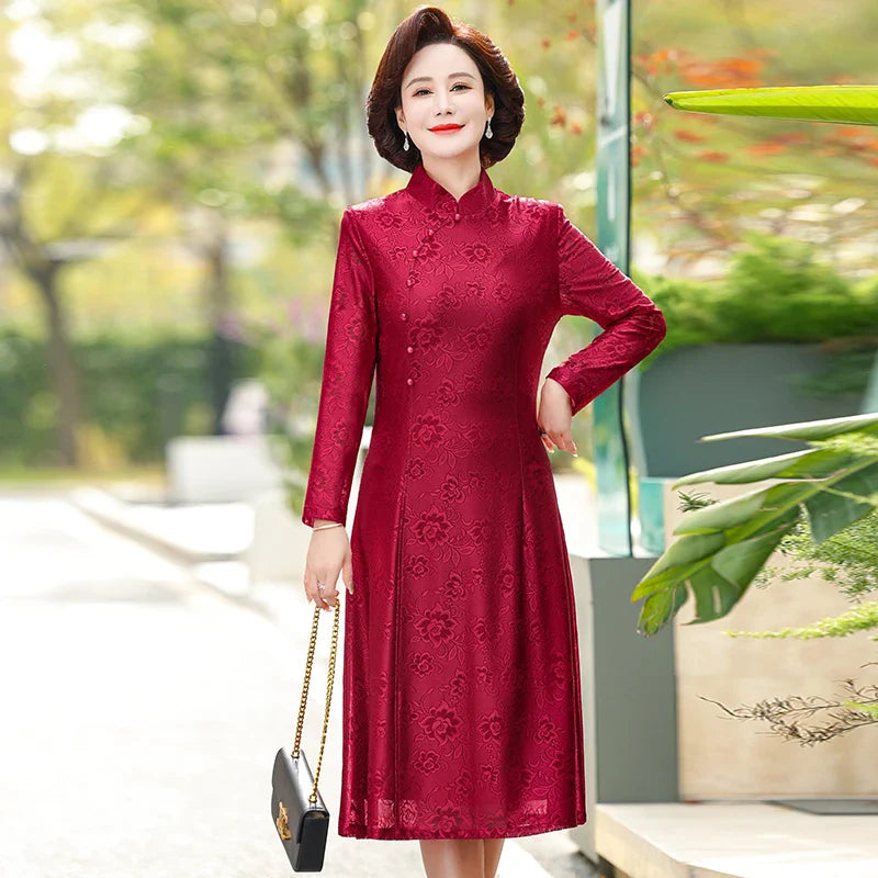 Elegant Lace Dress For Women With Qipao Collar A Line Long