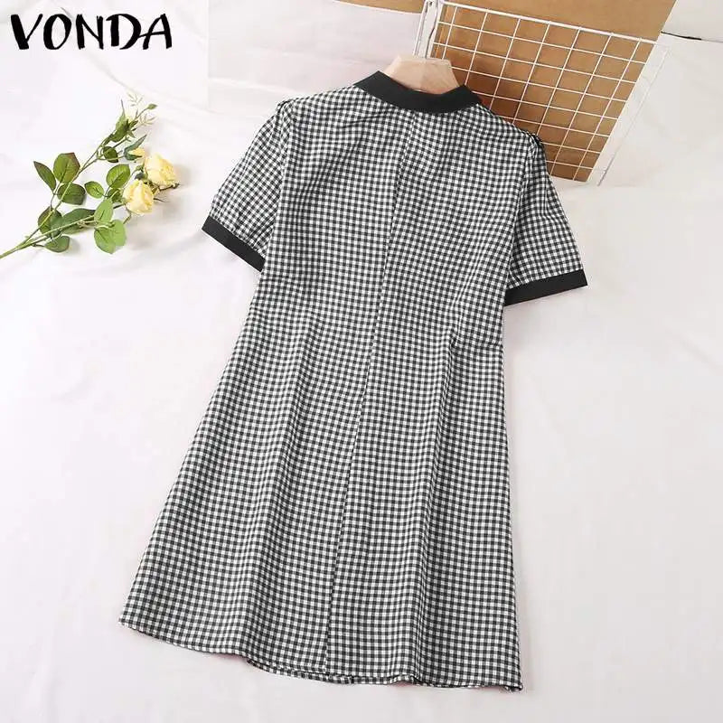 Boho Plaid Mini Dress Puff Sleeve A Line Sundress Style