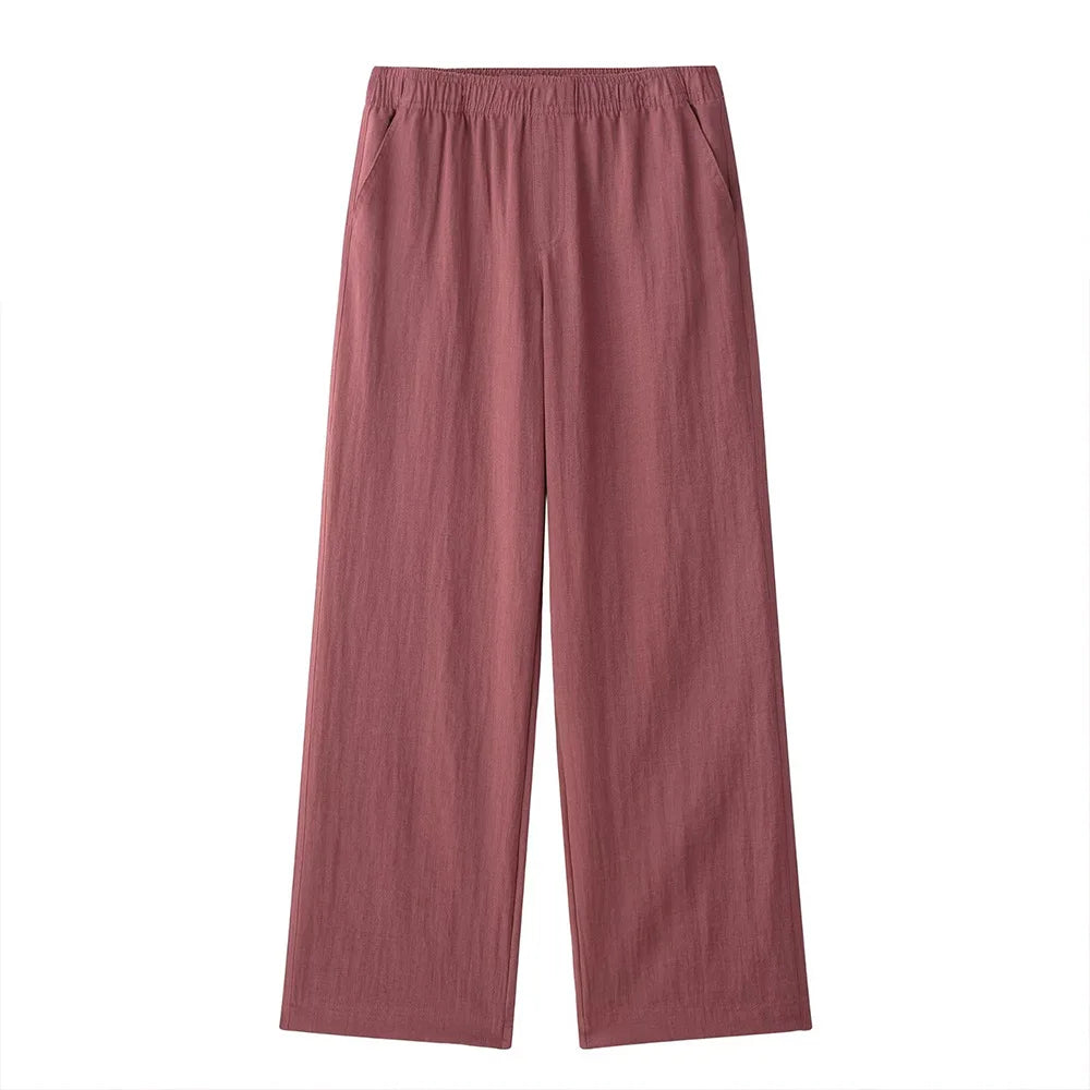 Women's V-Neck Long-Sleeve Side Tie Kimono Top and Elastic Waist Trousers Casual Chic Suit