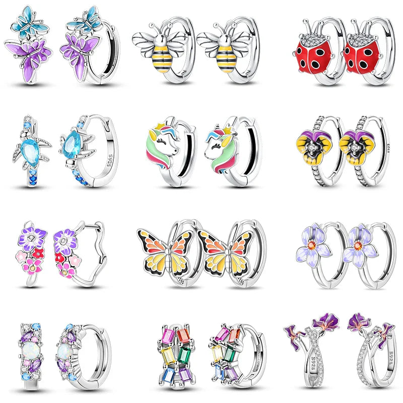 Colorful Butterfly Bee Ladybug Rainbow Flower Earrings in 925 Sterling Silver for Women Fashion Jewelry Gifts