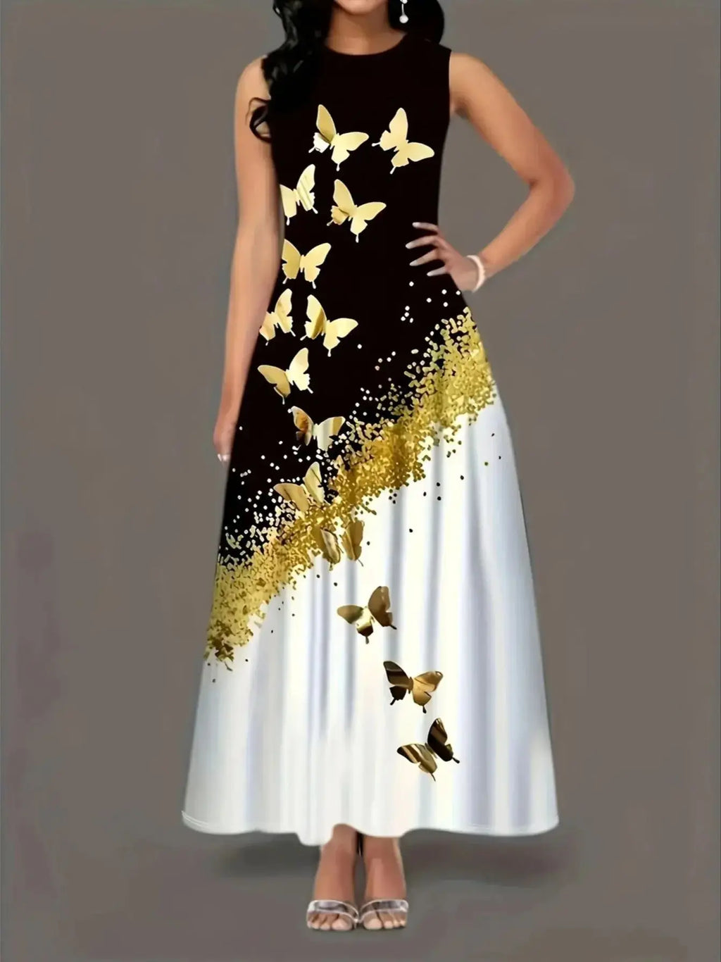 Butterfly Print A Line Summer Dress Front Pockets Style