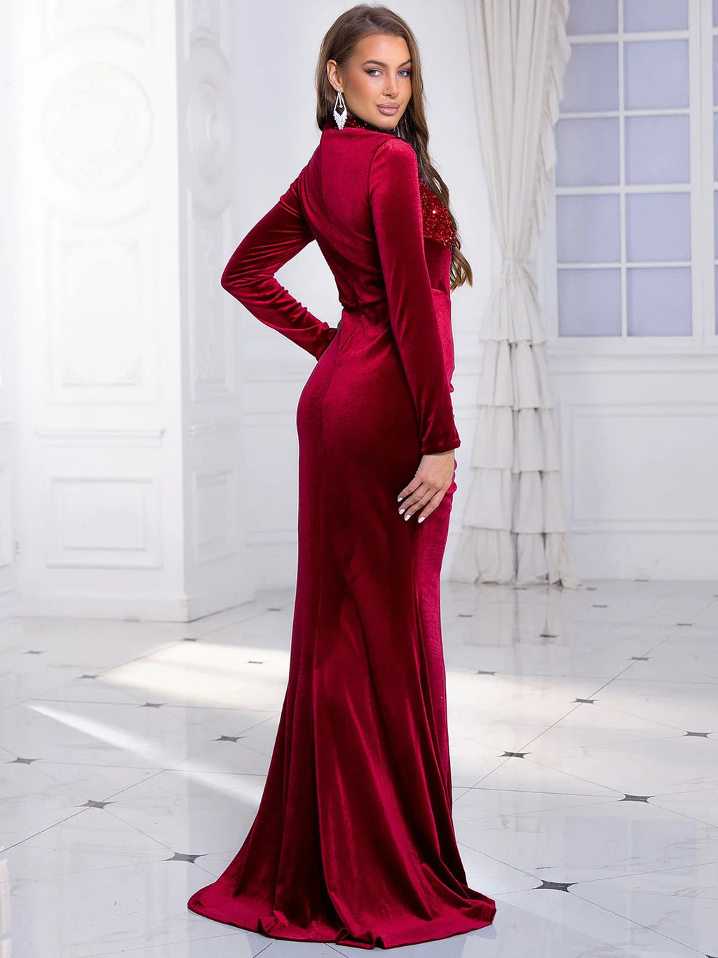 Sequin Velvet Long Sleeve Prom Dress Floor Length Gown