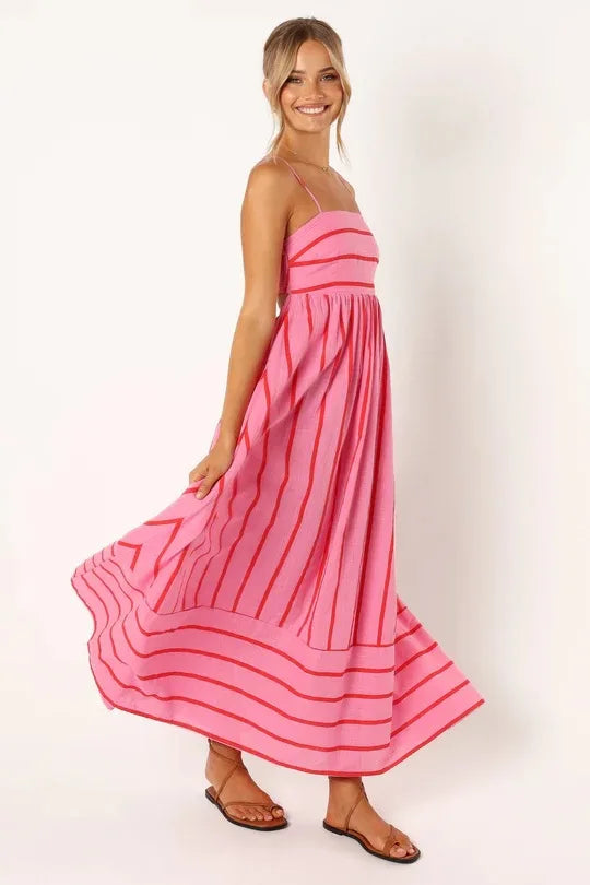 Bohemian Striped Maxi Dress With Hanging Straps For Women