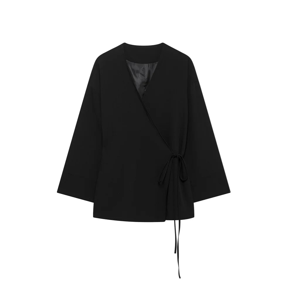 Women's Casual Double Breasted Kimono Style Suit Jacket and Straight Leg Pants Set for Spring Fashion