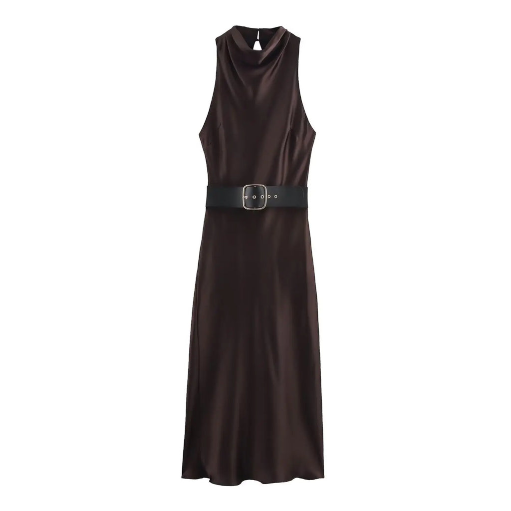 Elegant Satin Belt Midi Dress For Women Vintage Brown
