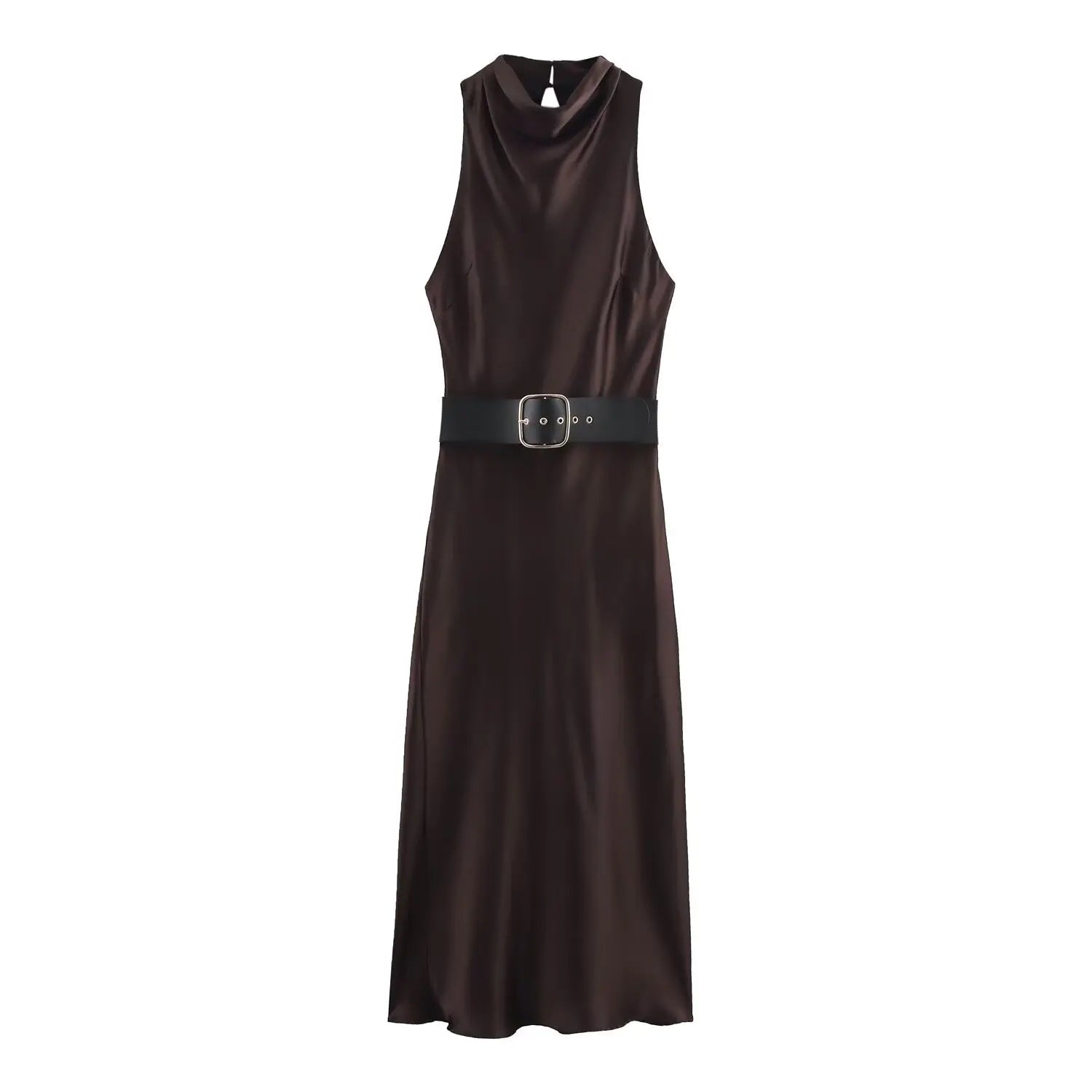 Elegant Satin Belt Midi Dress For Women Vintage Brown