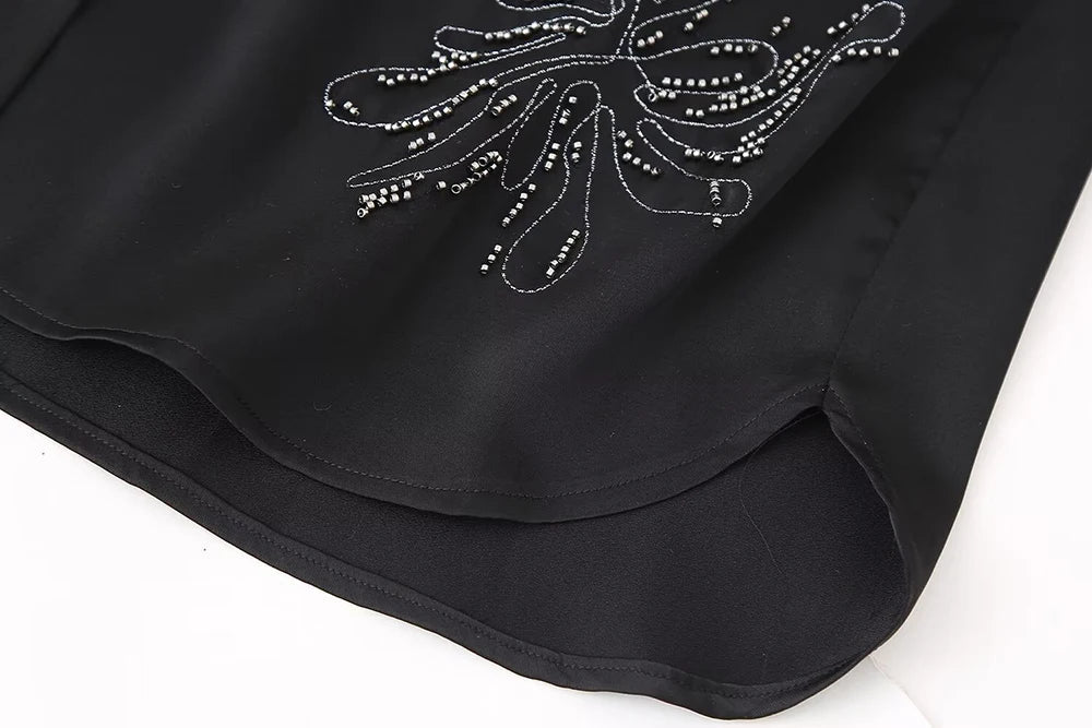 Women's Beaded Embroidery Long Sleeve Shirt and Loose Trousers Set with Lace Up Details