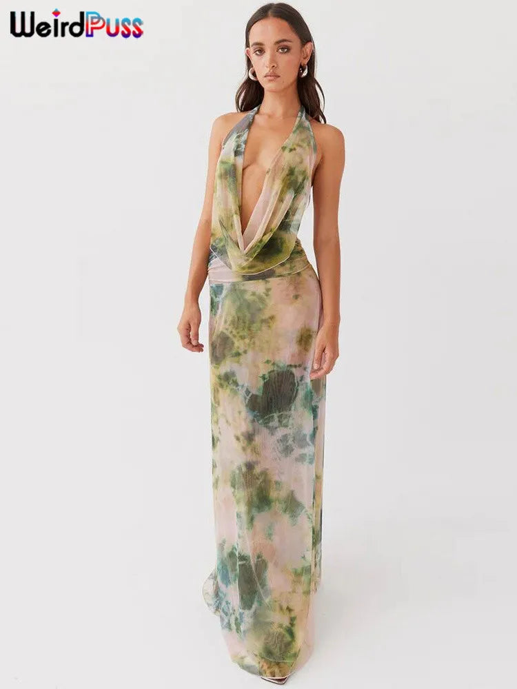 Backless Halter Bandage Tank Top and Mesh Ruffles Tie-Dye Skirt Two-Piece Summer Set for Women