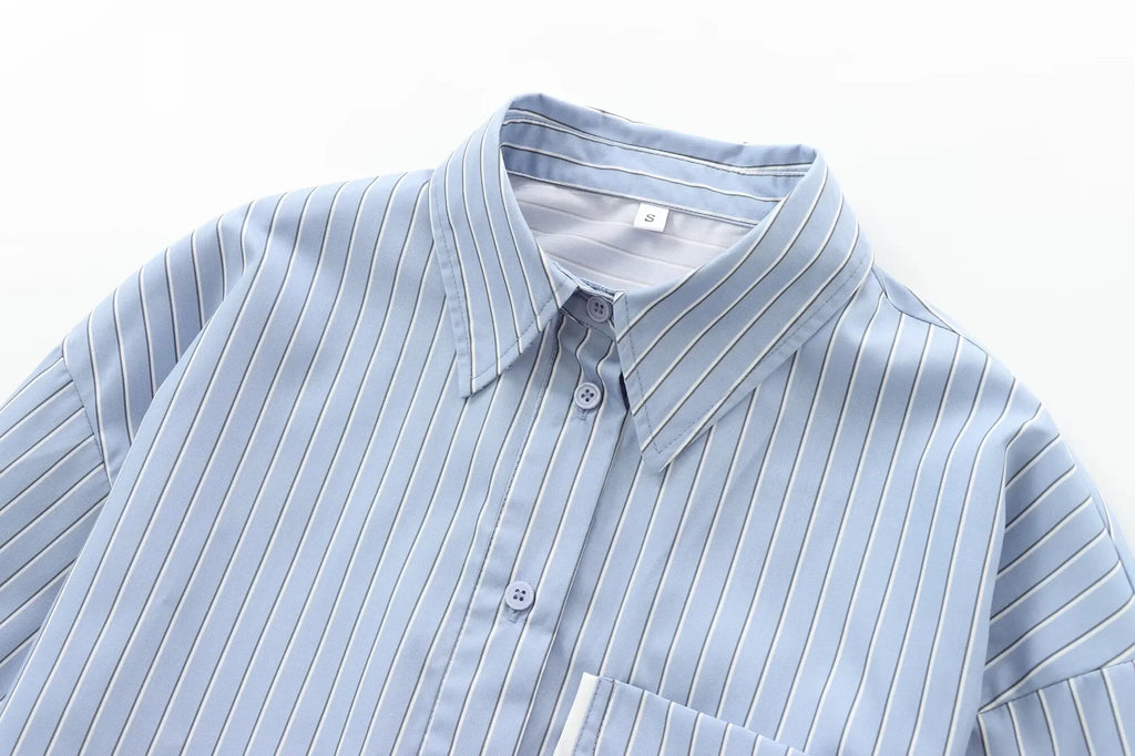 Women's Casual Striped Long Sleeve Short Shirt Simple Versatile Fashion Top