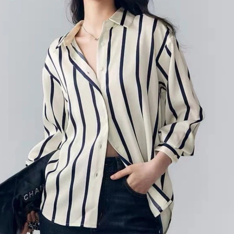 Vintage Striped Satin Women's Blouse Long Sleeve Turn-Down Collar Casual Loose Fit Shirt for Spring and Autumn