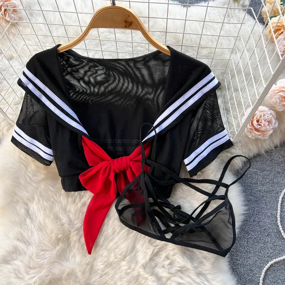 Women's Sexy Sheer Sailor Student Uniform Cosplay Costume Two-Piece Set with Transparent Bowknot Stripe Patchwork Top and Mini Skirt