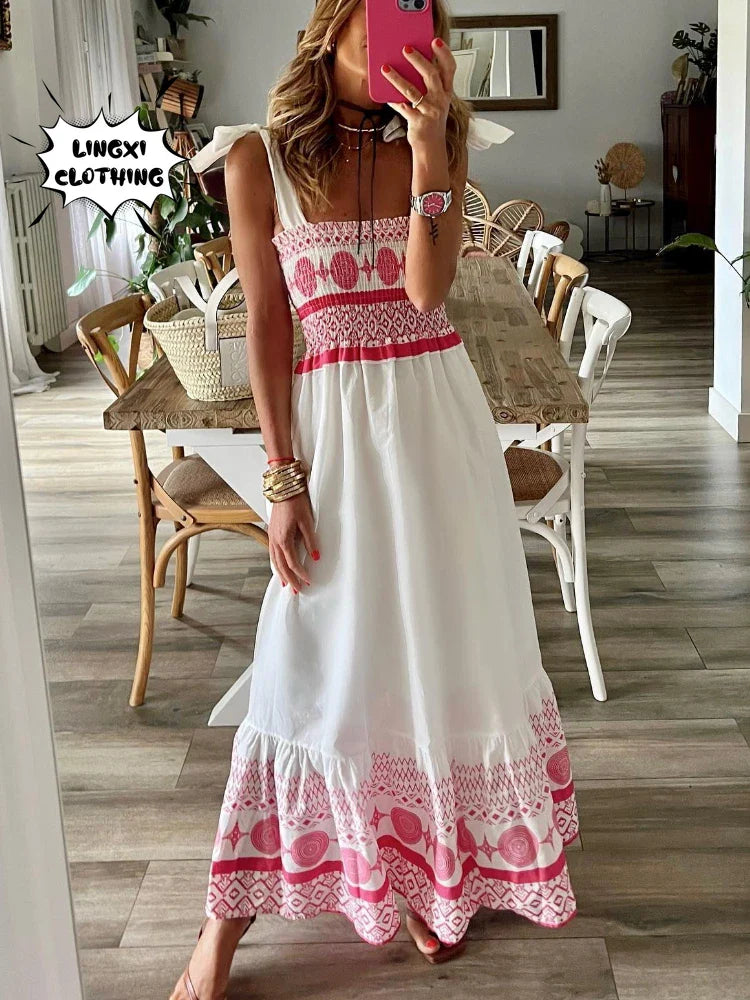 Bohemian Lace Up Maxi Dress Print for Beach Resort Wear