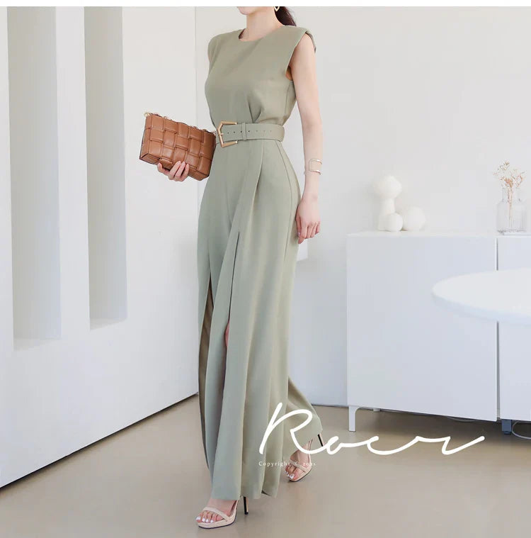 Elegant Women's Business Jumpsuit O-Neck Wide Leg Split Trousers Long Casual Workwear Romper
