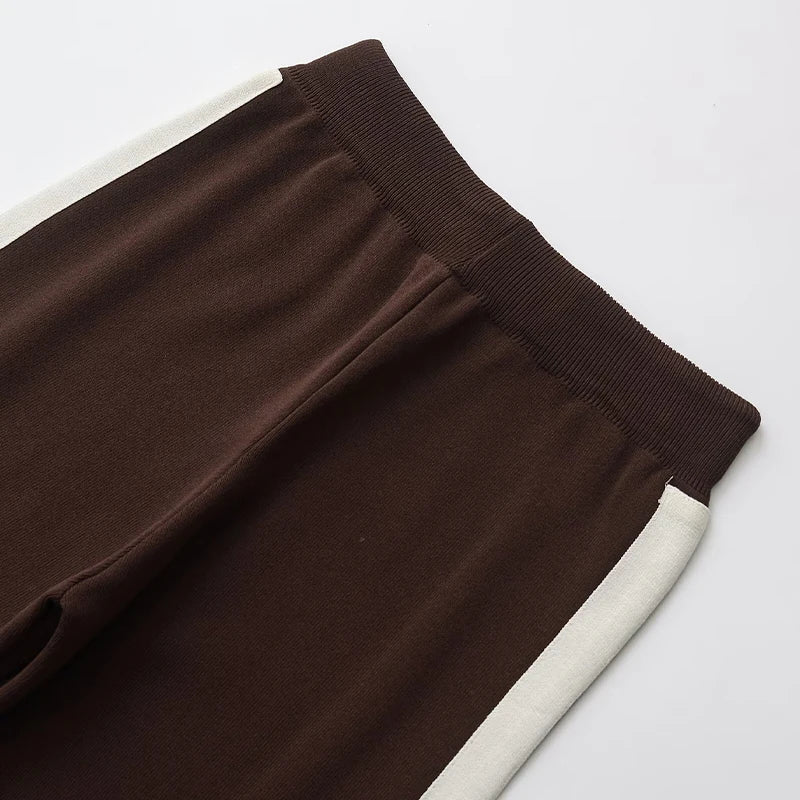 Chic Women's 2 Piece Set Brown Pullover Sweatshirt and Vintage High Elastic Waist Trousers