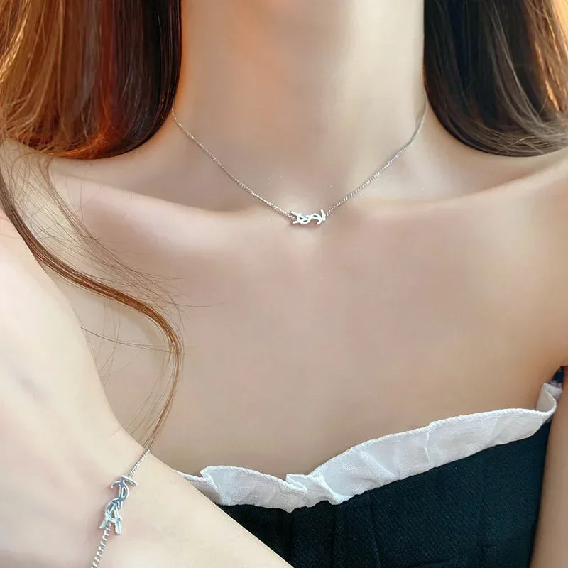 Metal Letter Necklace and Ear Stud Bracelet Set