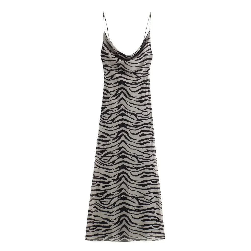 Leopard Zebra Print Tulle Slip Dress Midi Backless Party