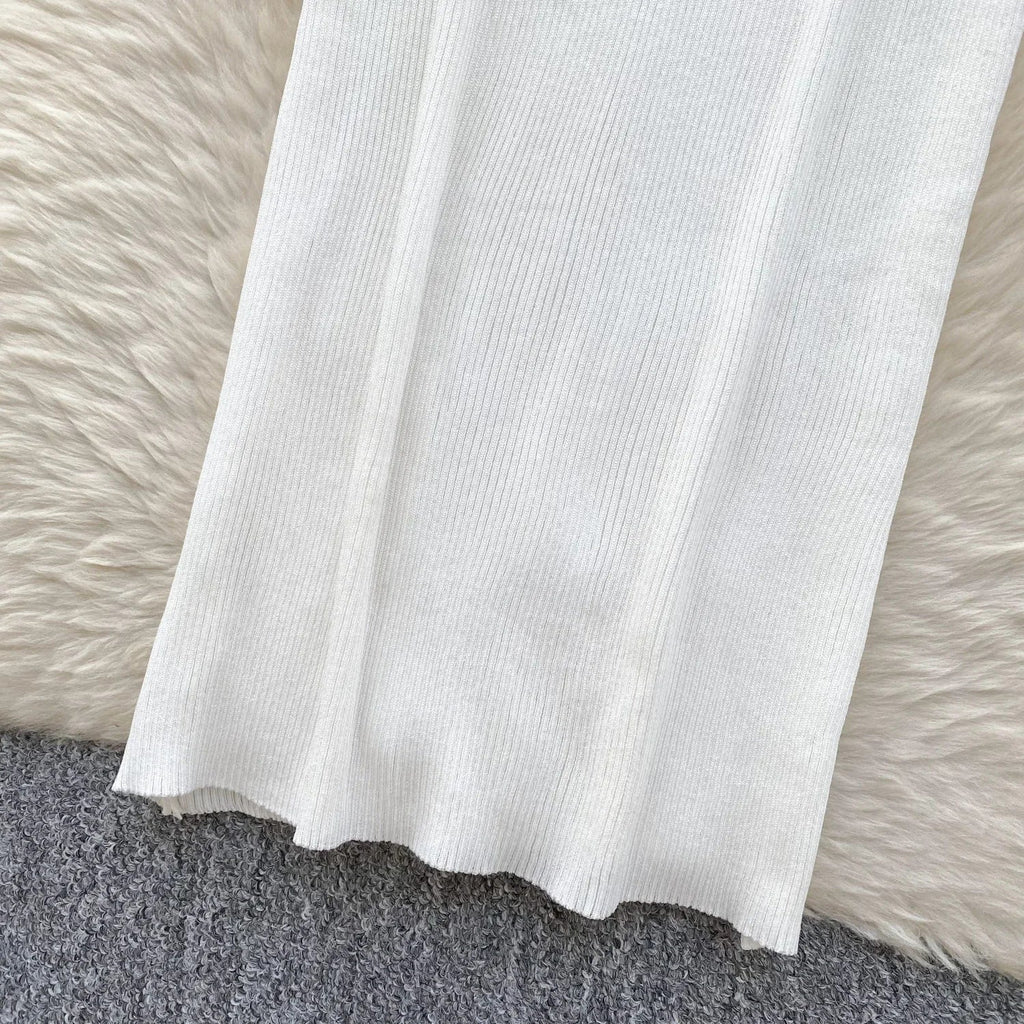 Women Square Collar Knit Dress Short Sleeve Wrap Sheath