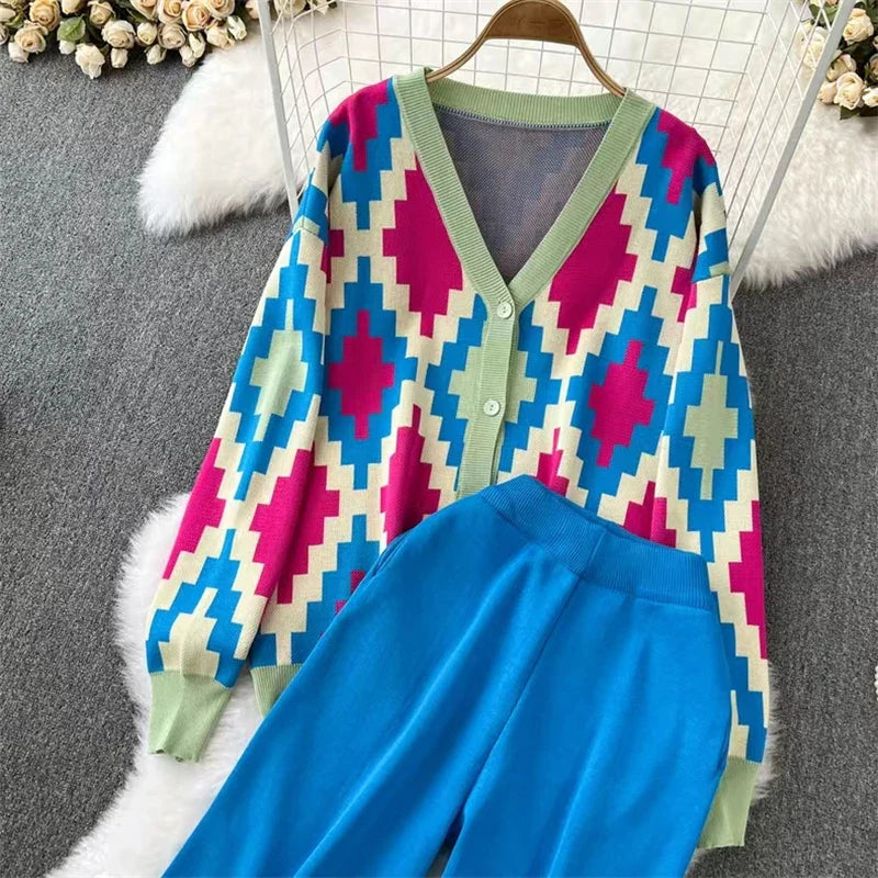 Casual Elegant Diamond Grid V-Neck Button Down Long Sleeve Top with Elastic Waist and Wide Leg Women's Suit Outfit