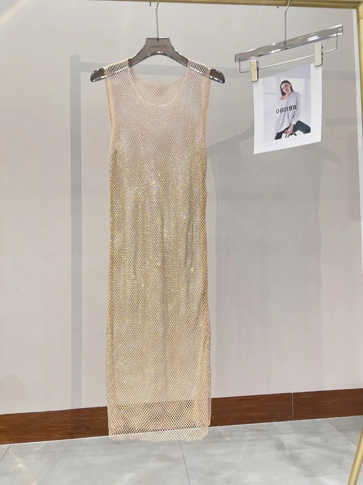 Rhinestone Mesh Midi Dress for Sexy Party and Clubwear