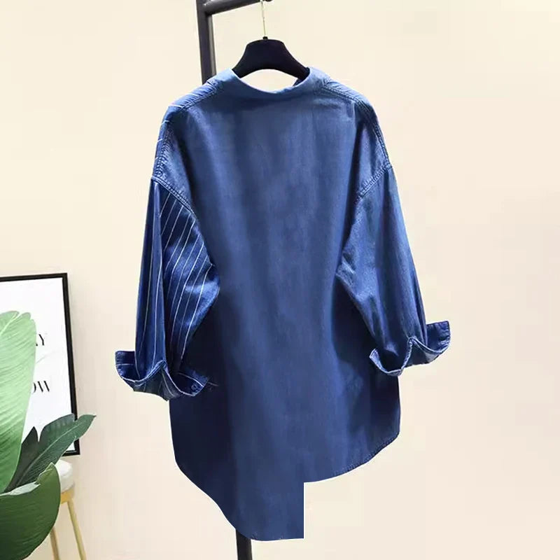 Women's Striped Patchwork Long Sleeve Shirt Casual Loose Blouse with Front Pocket and Shirt Collar Oversized Work and Everyday Wear Top