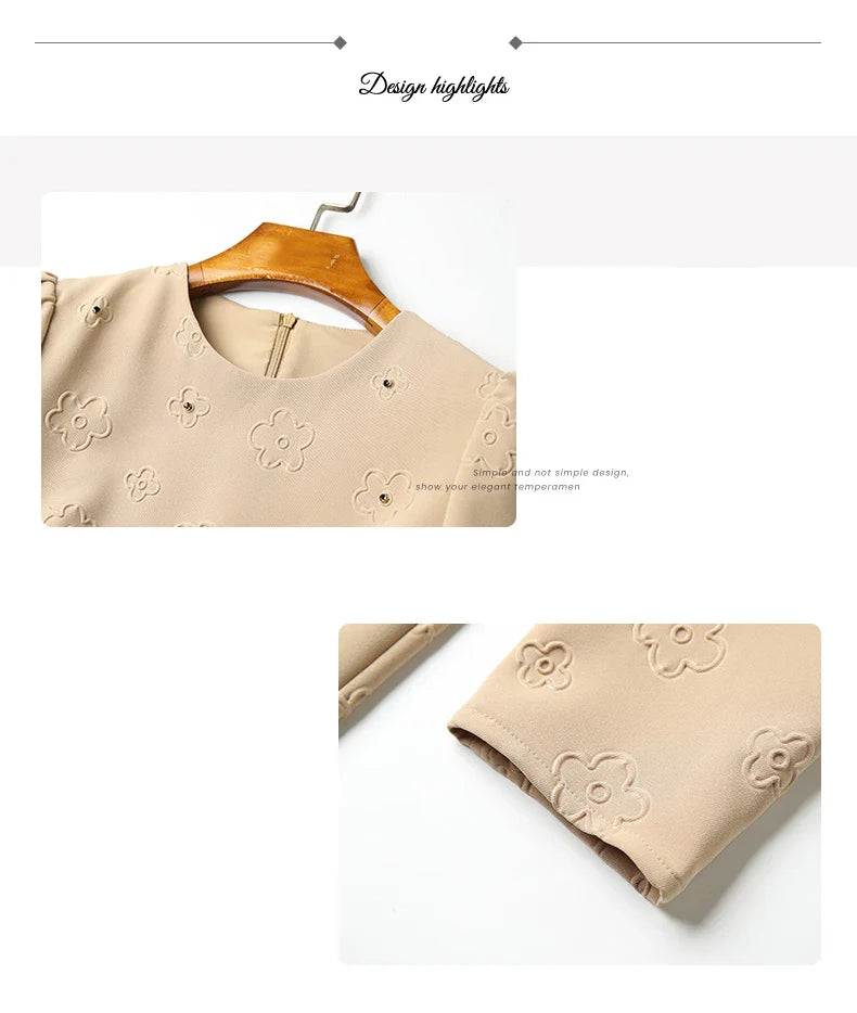 Floral Embroidered Belt Dress for Women O Neck A Line