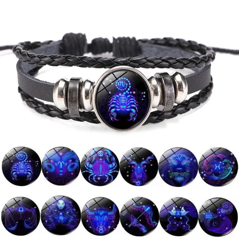 Luminous Zodiac Sign Charm Bracelet for Men and Women - Vintage Multilayer Wrap Leather Bangle Birthday Gift