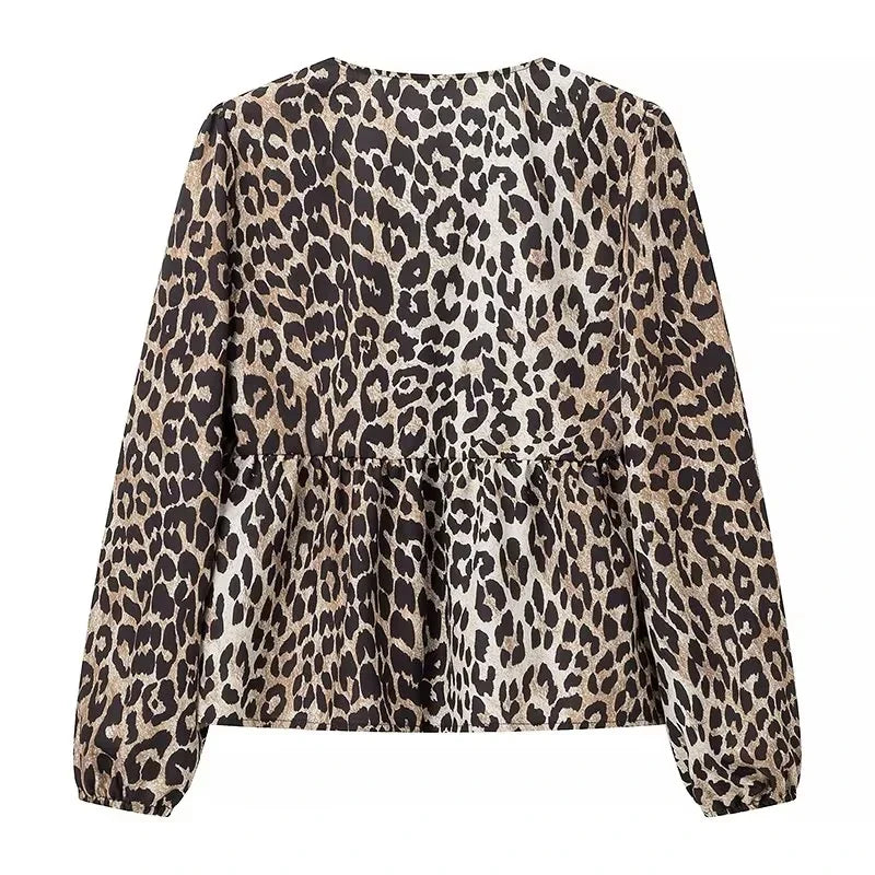 Women's Leopard Print Lace-Up Vintage Blouse Casual Loose Fit Y2K Chic Shirt