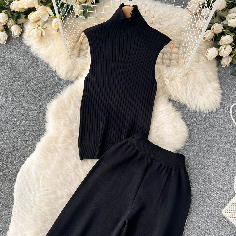 3 Piece Knitted Tracksuit Set for Women Comfy Loungewear with Long Cardigan Coat Turtleneck Vest and Pants