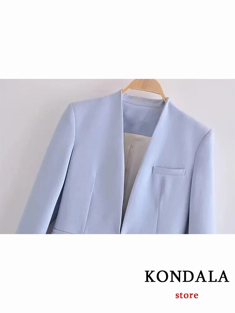 Light Blue Blazer Suit Set for Women with V Neck Loose Jacket and High Waist Sashed Pants Fashionable Autumn Outfit