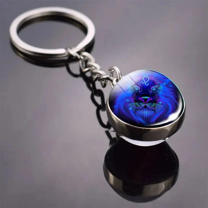 Luminous Zodiac Key Chain Double Sided Glass Ball Pendant for Men and Women Birthday Gift