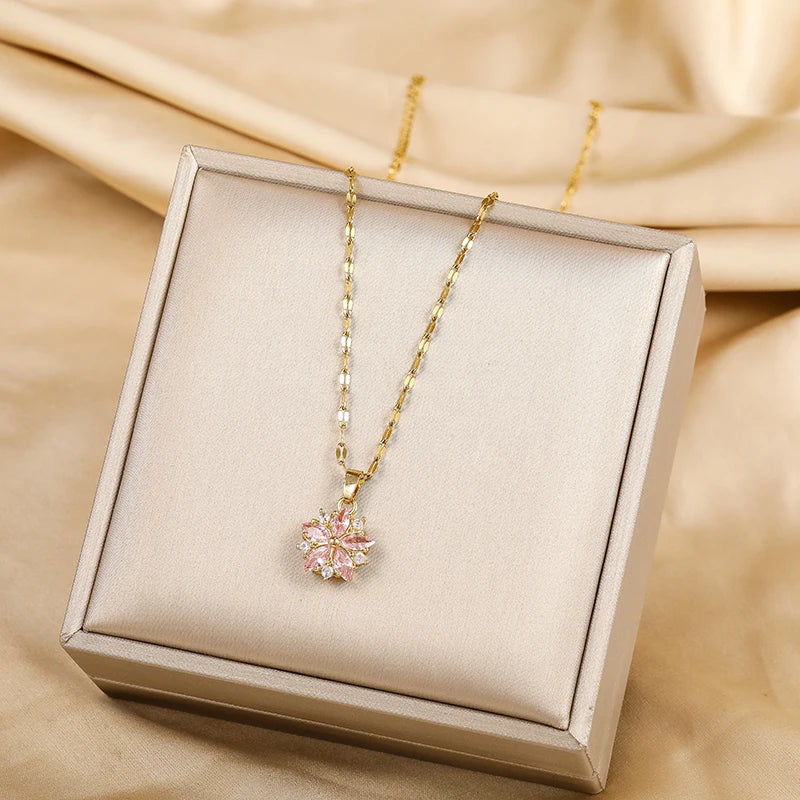 Cute Pink Sakura Pendant Stainless Steel Necklace for Women with Clavicle Chain and 18K Gold Plating, Perfect Gift for Fashion Lovers