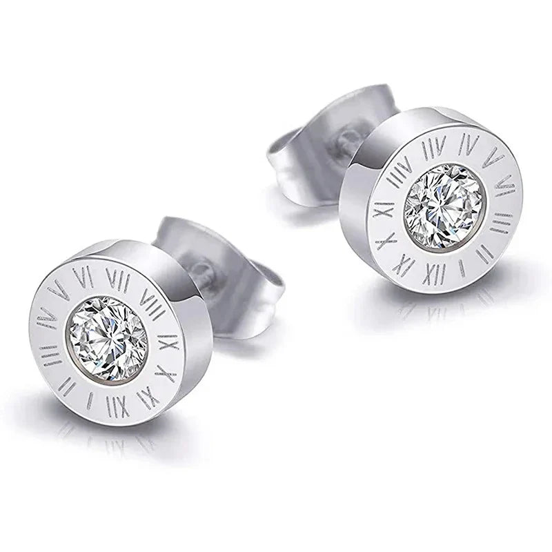 Vintage Roman Numerals Stainless Steel Acrylic Crystal Stud Earrings for Women and Men