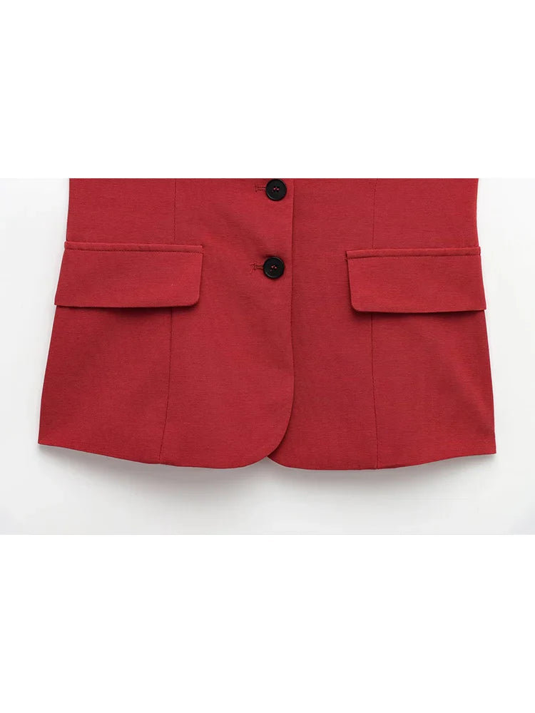 Elegant Red Women Pant Suit with Front Button Strapless Tank Top and Wide Leg Trousers Chic Fashion Streetwear Set