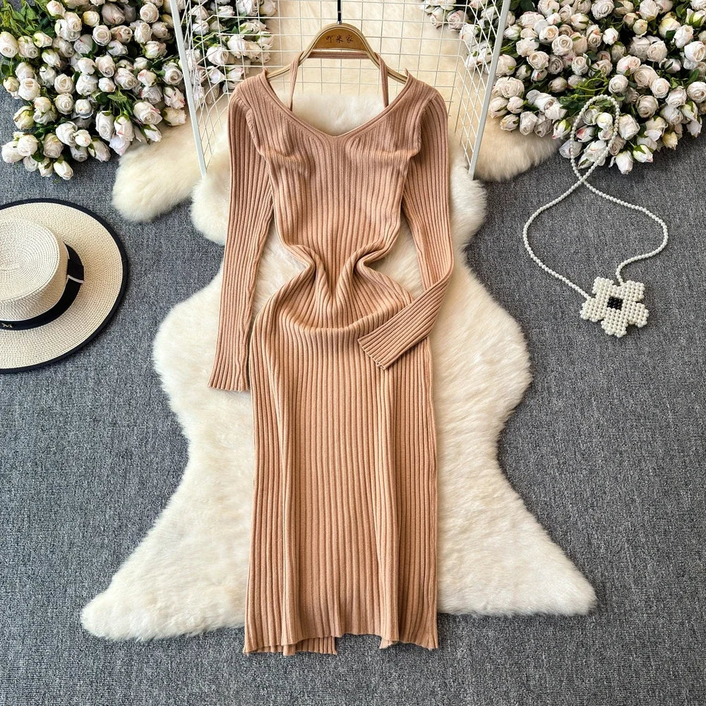 White Long Sleeve V Neck Lace Up Elegant Dress For Women